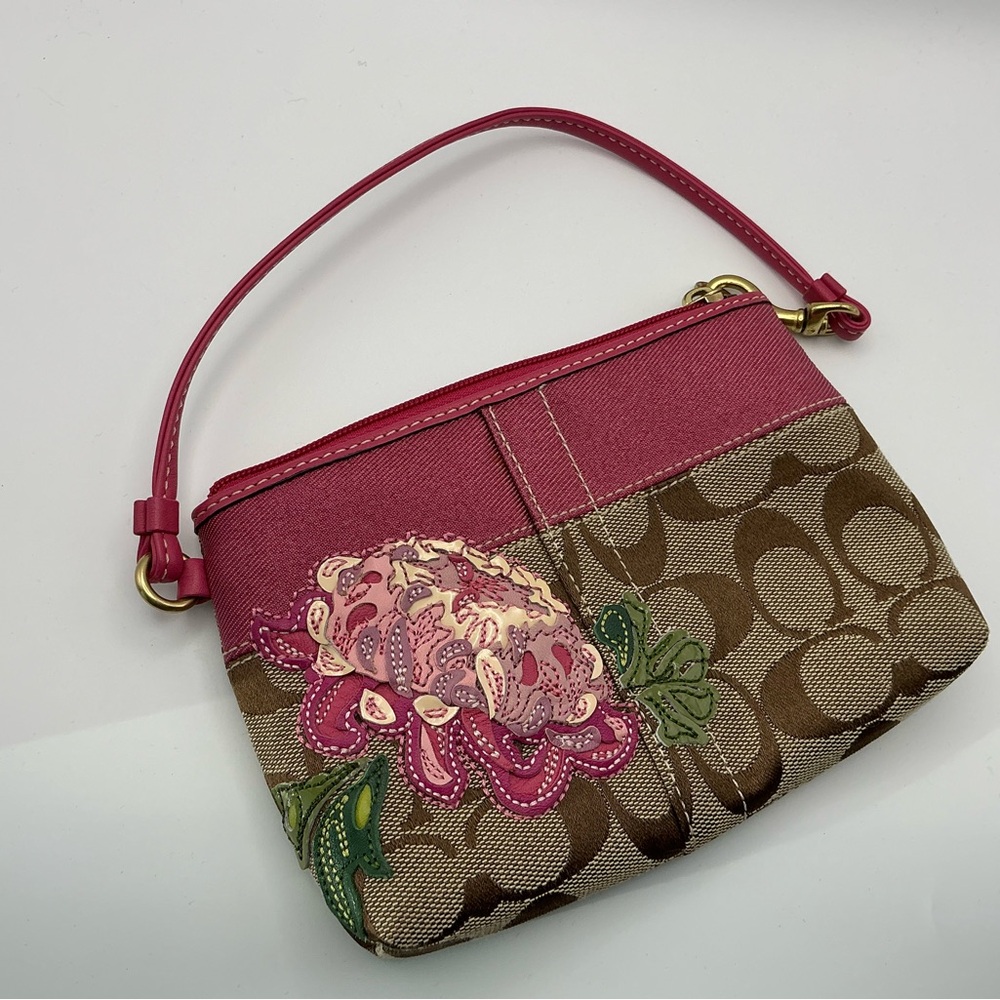 Coach Pink Floral Appliqué Signature Wristlet